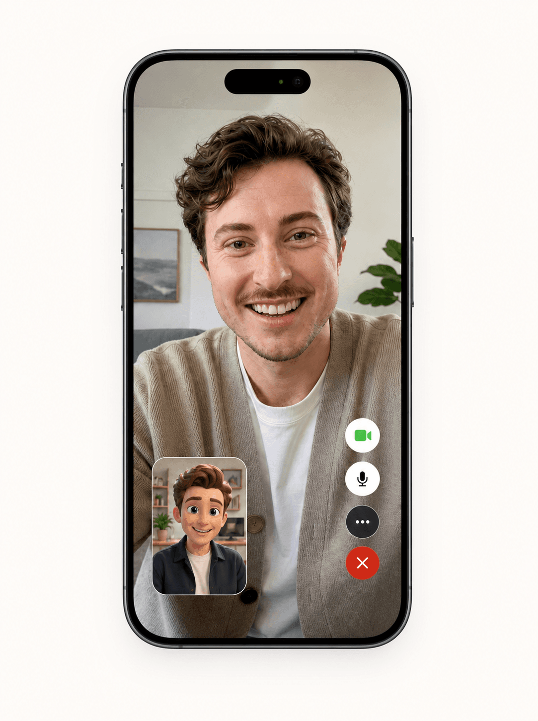 Illustrative FaceTime conversation between a person and an AI avatar